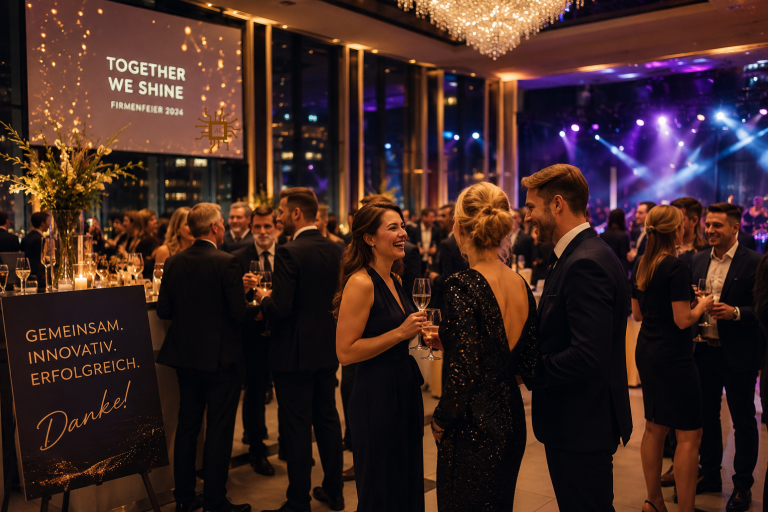 GENUSSRUNDE als geschmackvoller Eventpartner in Unternehmen Elegante Veranstaltung mit Gästen in festlicher Kleidung und Livemusik.