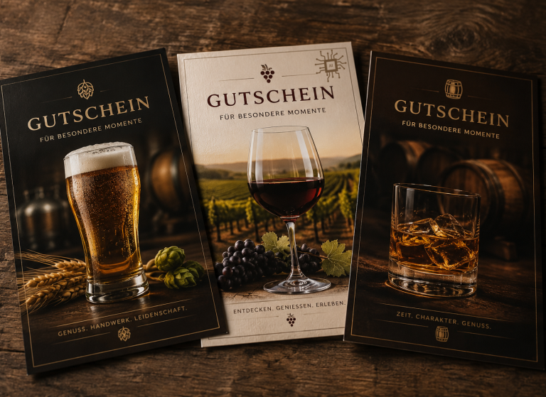 GENUSSRUNDE Gutscheine für geschmackvolle Events mit Erinnerungswert Drei Gutscheine für Bier, Wein und Spirituosen auf einem Holztisch.