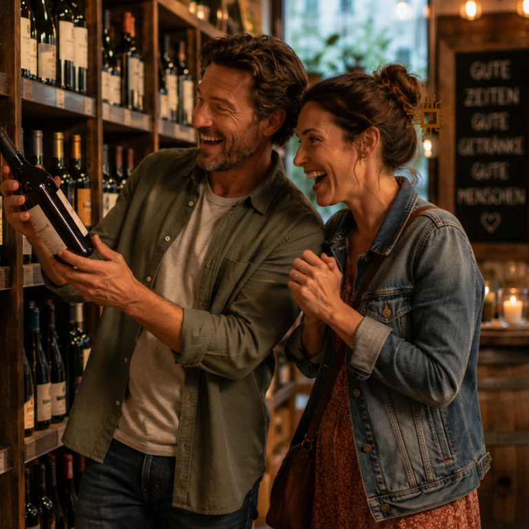 Nachhaltig geschmackvolle Events mit GENUSSRUNDE® Tasting Ein Mann und eine Frau betrachten lächelnd Weinflaschen in einem Geschäft.