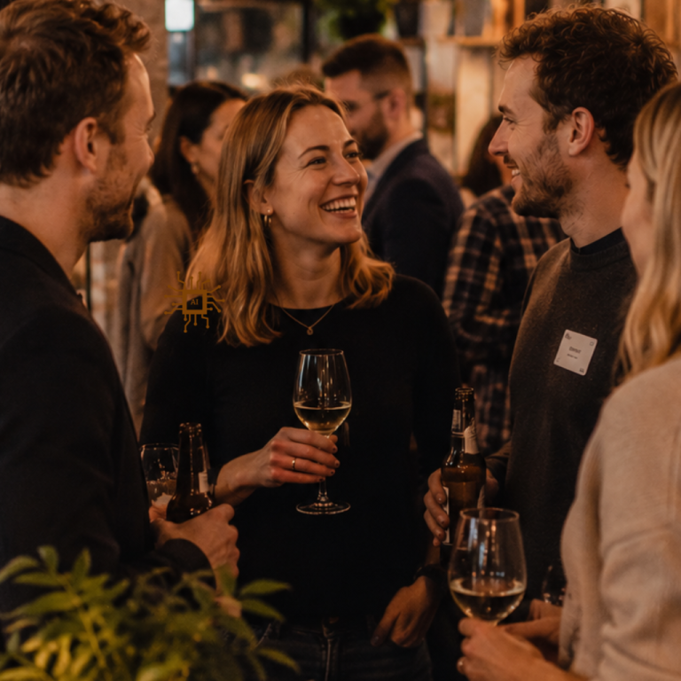 NAchhaltig geschmackvolle Events mit GENUSSRUNDE® Tasting Gruppengespräch bei einer Veranstaltung, Menschen mit Weingläsern und Pflanzen im Hintergrund.
