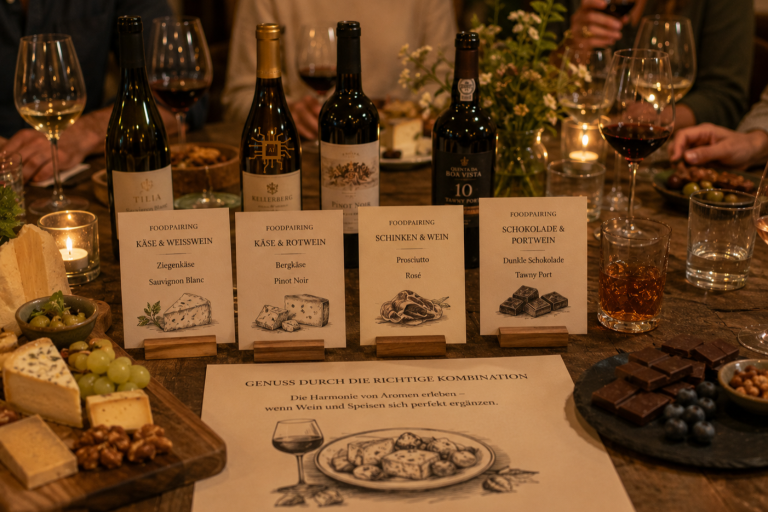 Foodpairing Events in der GENUSSRUNDE Weinverkostung mit Käse, Snacks und mehreren Weinsorten auf einem Tisch.
