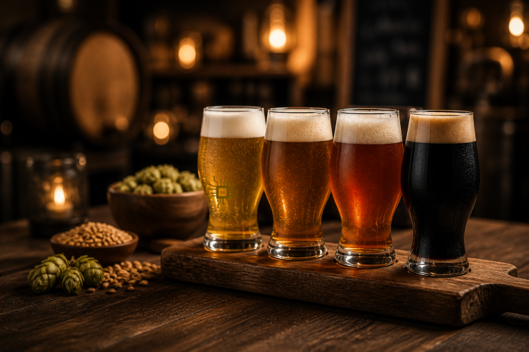 Biertasting in der GENUSSRUNDE Vier Biergläser in unterschiedlichen Farben stehen auf einem Holztablett, umgeben von Zutaten.