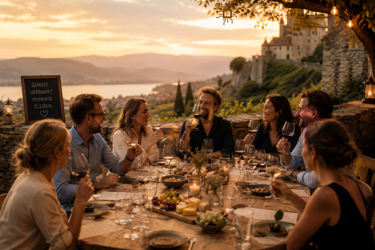 GENUSSRUNDE mit Ausblick Eine Gruppe von sechs Menschen genießt ein Abendessen bei Sonnenuntergang im Freien.