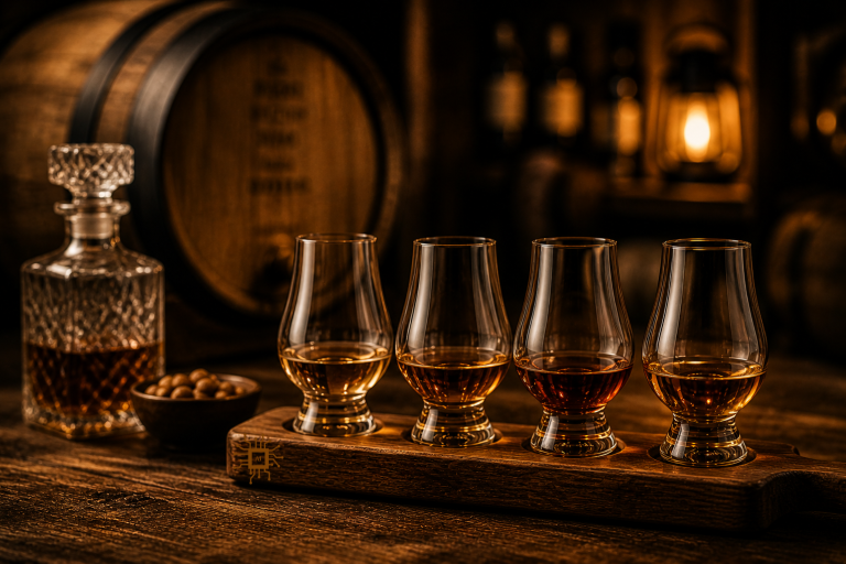 Whiskytasting in der GENUSSRUNDE Vier Gläser mit Whisky in einer Reihe, dekoriert mit einer Karaffe und einer Holzfassumgebung.