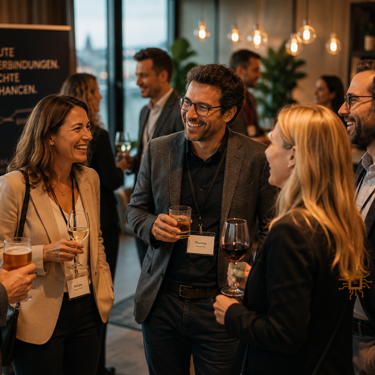 Netzwerken Eine Gruppe von erfolgreichen Menschen lächelt und unterhält sich bei einem Networking-Event.