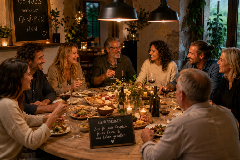 GENUSSRUNDE als Privates Highlight für Gruppen Ein geselliges Abendessen mit Freunden an einem festlich gedeckten Tisch.