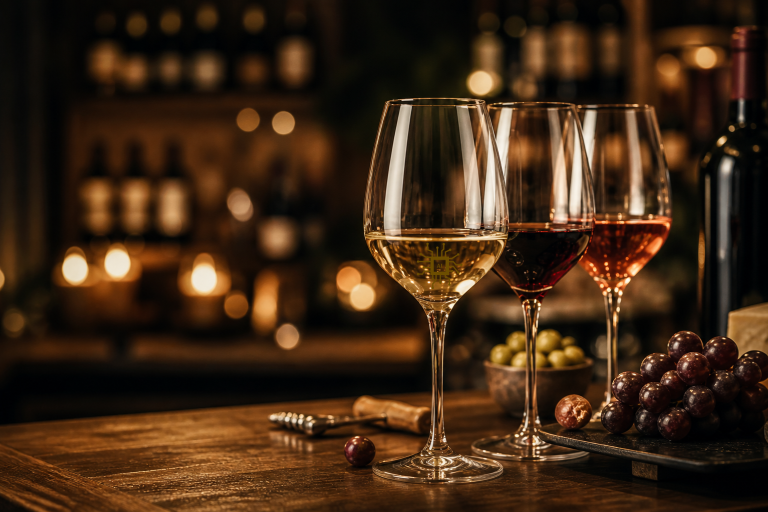 Weintasting in der GENUSSRUNDE Drei Weingläser mit Rosé, Weißwein und Trauben auf einem Tisch in gedämpftem Licht.